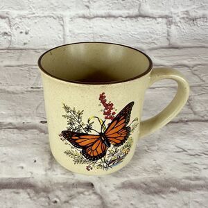 Vintage Cottagecore Stoneware Speckled Butterfly Floral Coffee Tea Mug Cup